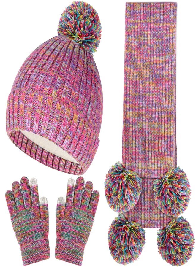 Runloon Kids Winter Beanie Hat Glove Scarf Set Toddlers Girls Winter Knit Hat with Pom Long Scarf Gloves for Kids Ages 5-12 - Image 1