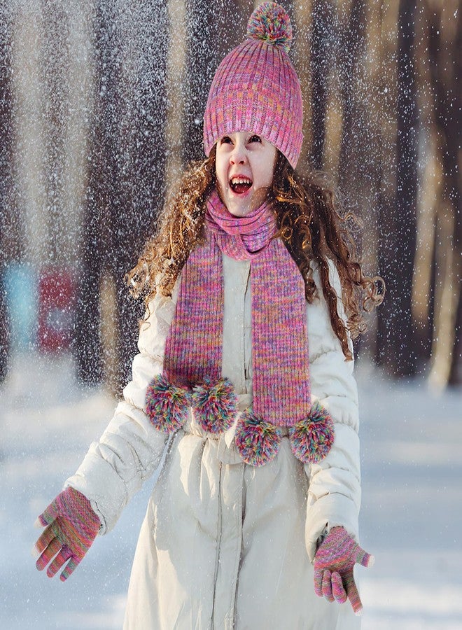Runloon Kids Winter Beanie Hat Glove Scarf Set Toddlers Girls Winter Knit Hat with Pom Long Scarf Gloves for Kids Ages 5-12 - Image 2