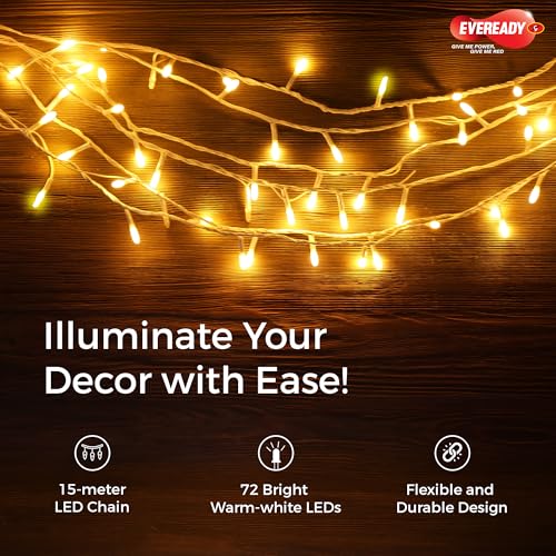 Eveready UTSAV, 15 Meter LED Pixel Chain Lights, 72 LEDs, BIS Approved, Decoration Lighting for Diwali, Christmas, Weddings, Homes & More, Warm White, Pack of 1 - Image 2