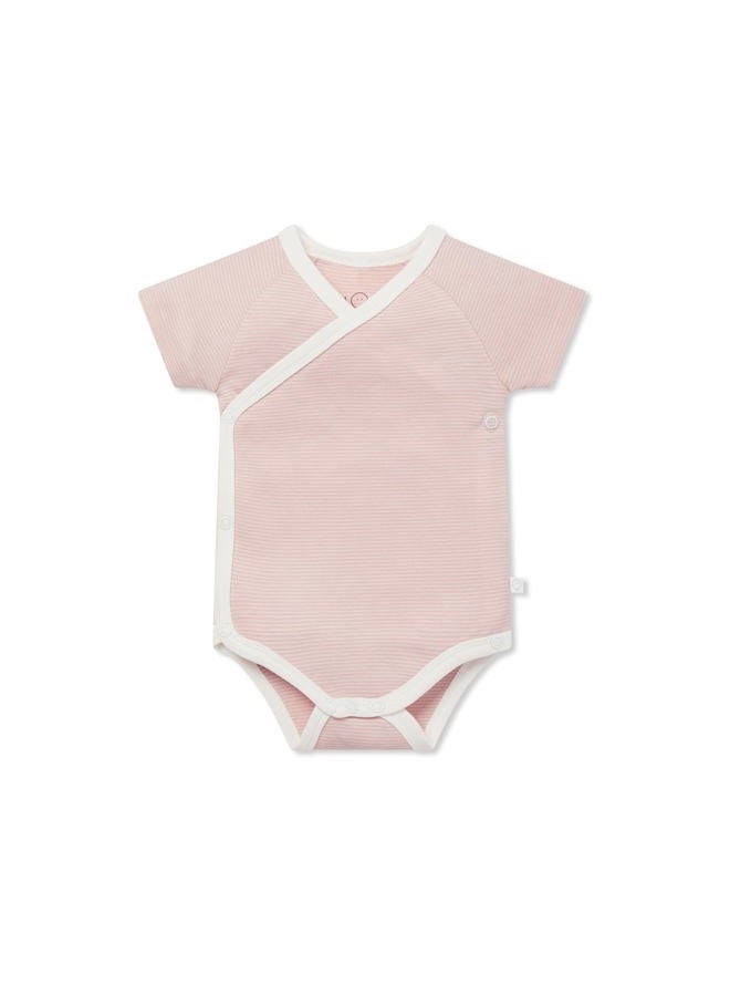 MORI Short Sleeve Kimono Bodysuit, Blush Stripe, 6-9 Months - Image 1