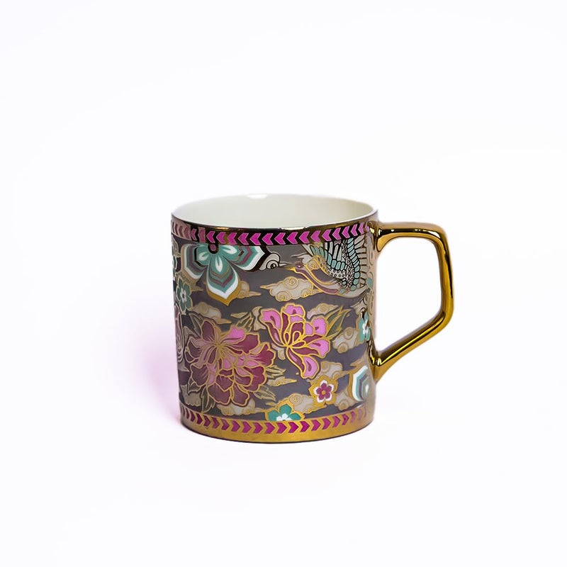 Femora Pink Blue Floral Blossom Grey Moss Ceramic Tea and Coffee Mugs 180 ml Golden 6 Pcs Set NOT Microwave Safe - Image 2