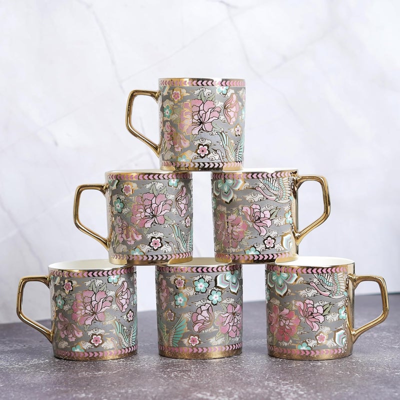 Femora Pink Blue Floral Blossom Grey Moss Ceramic Tea and Coffee Mugs 180 ml Golden 6 Pcs Set NOT Microwave Safe - Image 1