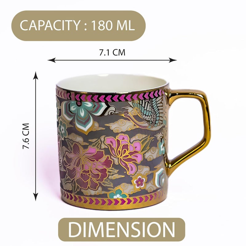 Femora Pink Blue Floral Blossom Grey Moss Ceramic Tea and Coffee Mugs 180 ml Golden 6 Pcs Set NOT Microwave Safe - Image 3