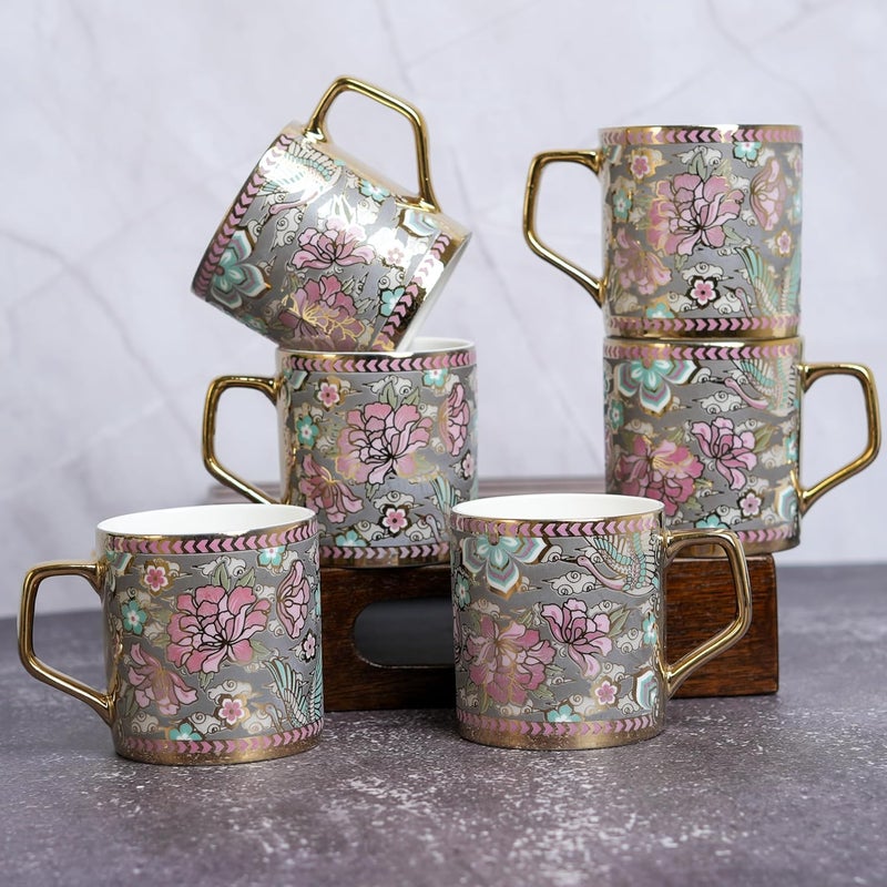 Femora Pink Blue Floral Blossom Grey Moss Ceramic Tea and Coffee Mugs 180 ml Golden 6 Pcs Set NOT Microwave Safe - Image 5