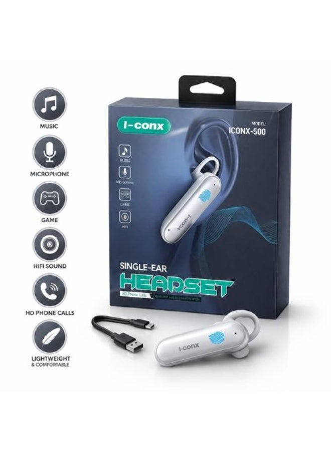 سماعة أذن لاسلكية أحادية I-conx موديل ICONX-500 بصوت Hi-Fi وتحكم باللمس تجمع بين الأناقة والتكنولوجيا المتطورة.