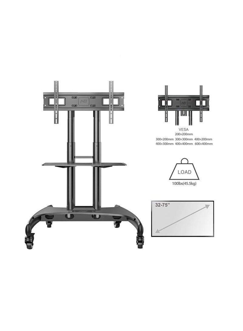 ان بي ايرجونوميك حامل تلفزيون متنقل بعجلات مناسب لشاشات LED وLCD وOLED وPlasma من 32" إلى 75" حتى وزن 45.5 كجم، متوافق مع VESA 600x400 مم، قابل لتعديل الارتفاع والميل، مزود برف للأجهزة ونظام إدارة الكابلات، أسود - AVA1500-60-1 - Image 4