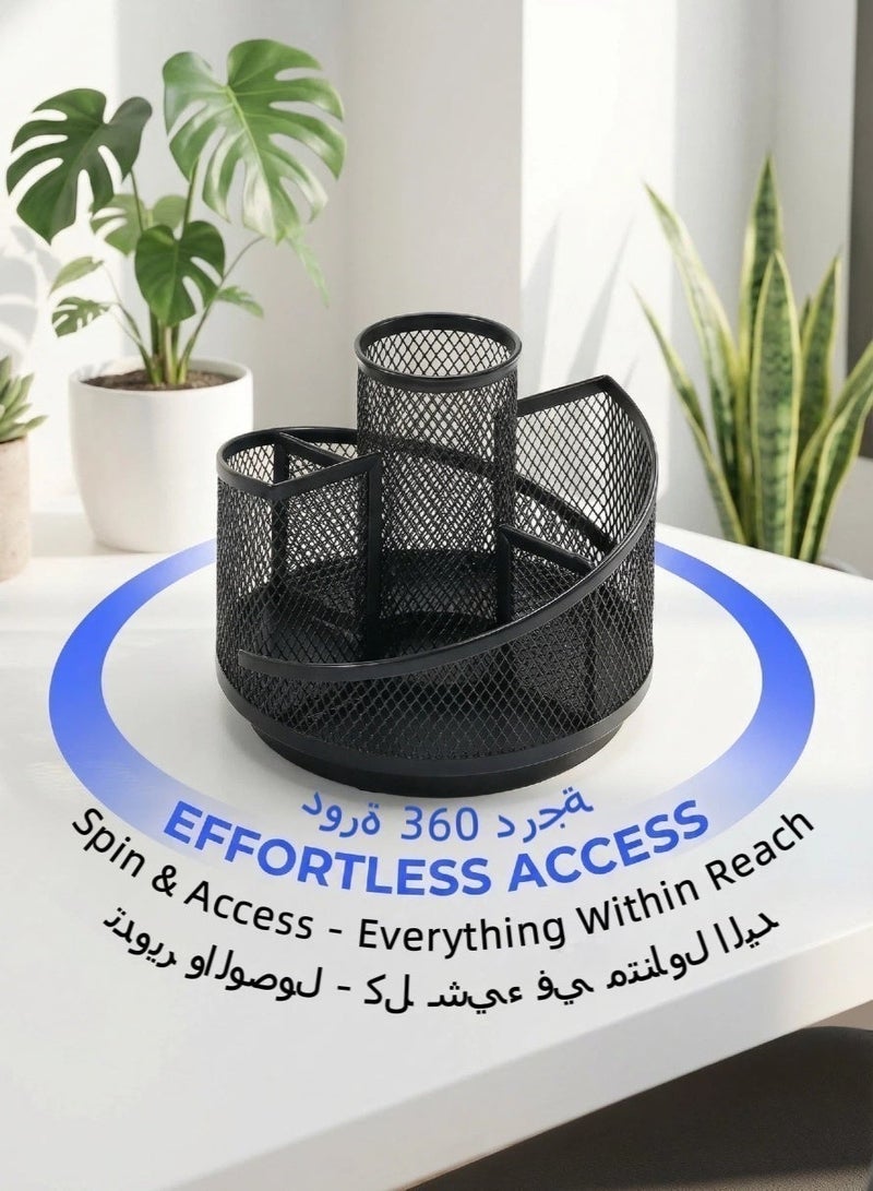 منظم مكتب دوار 360 درجة بخمسة فتحات، حامل أقلام رصاص، حامل أقلام أسود، صندوق منظم مكتب متعدد الوظائف، صندوق تخزين أدوات مكتبية، كوب أقلام معدني شبكي للمكتب والمدرسة والمنزل - Image 3
