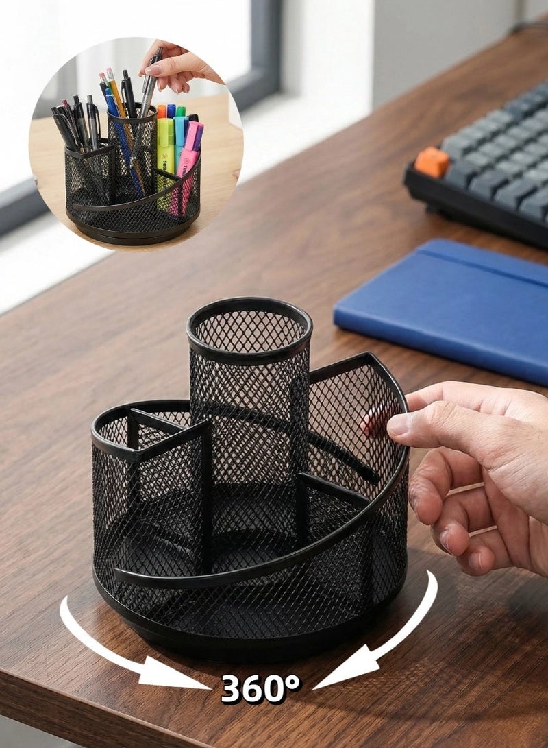 منظم مكتب دوار 360 درجة بخمسة فتحات، حامل أقلام رصاص، حامل أقلام أسود، صندوق منظم مكتب متعدد الوظائف، صندوق تخزين أدوات مكتبية، كوب أقلام معدني شبكي للمكتب والمدرسة والمنزل - Image 1