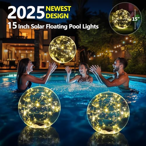 Cootway Floating Pool Lights, 15 Inch Warm White Solar Pool Light that Float, IP68 Waterproof Inflatable Light Up Pool Balls, Float or Hang Solar Floating Pool Lights for Pond Wedding Party Decor-2PC - Image 5