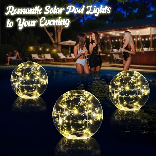 Cootway Floating Pool Lights, 15 Inch Warm White Solar Pool Light that Float, IP68 Waterproof Inflatable Light Up Pool Balls, Float or Hang Solar Floating Pool Lights for Pond Wedding Party Decor-2PC - Image 2