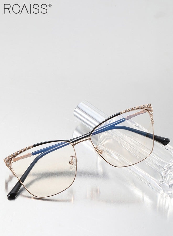 رويس نظارات قراءة أنيقة مضادة للوهج على شكل عين القطة مع أحجار الراين مضادة للضوء الأزرق لقراءة الكمبيوتر ومقاومة لإجهاد العين والصداع باللونين الأسود والذهبي - Image 3