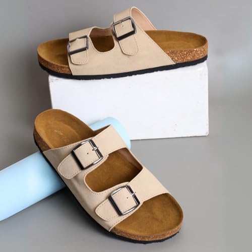 TRASE Cork Slippers For Women, Stylish Footwear With Adjustable Strap, Comfortable Arch Fit Slippers, Women Double Strap Sliders (Beige, 4 UK) - Image 5