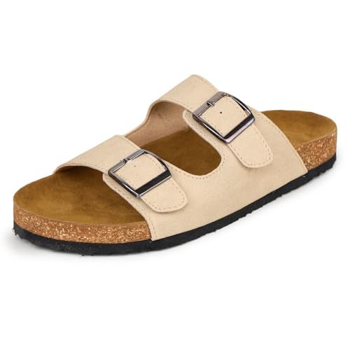 TRASE Cork Slippers For Women, Stylish Footwear With Adjustable Strap, Comfortable Arch Fit Slippers, Women Double Strap Sliders (Beige, 4 UK) - Image 1