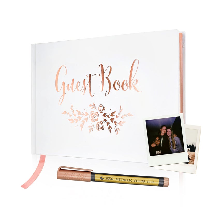 J&A Homes Guest Book  Simple Timeless Design Sign In for Wedding Reception Baby Shower Funeral Vacation Home  Keepsake for Special Events  Polaroid Guestbook Bookmark  Gold Floral  9 x 6 100 Pages 