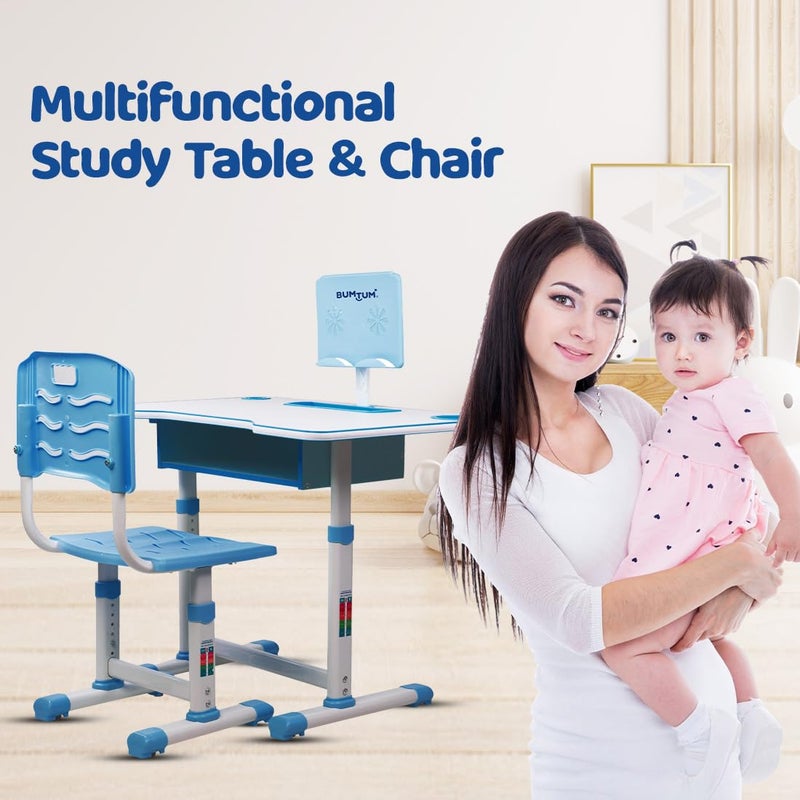 Bumtum Bumtum Baby Study Table Set for 210 Years Kids Height Adjustment Plug Multipurpose Foldable Study Table Set Easy Installation Kids Desk Set Blue  - Image 2