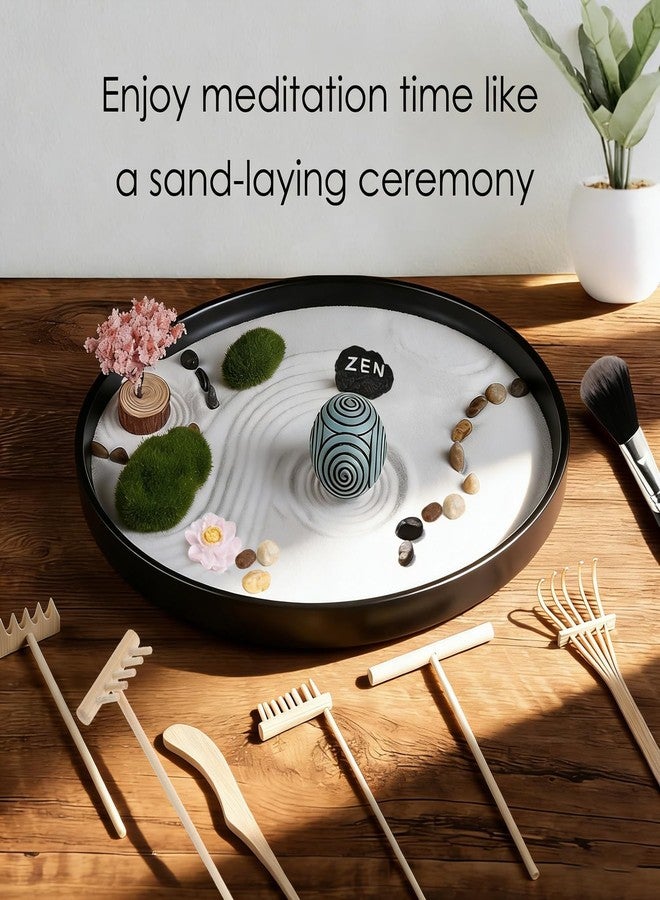 يونيمور مجموعة حديقة زن للمكتب، ديكور ياباني مع كرات ختم صخرية مميزة، صواني زخرفية دائرية، أداة كرة علاجية رملية للاسترخاء الحسي، مجموعة هدايا صندوق رمل للتأمل للمنزل والمكتب - Image 2
