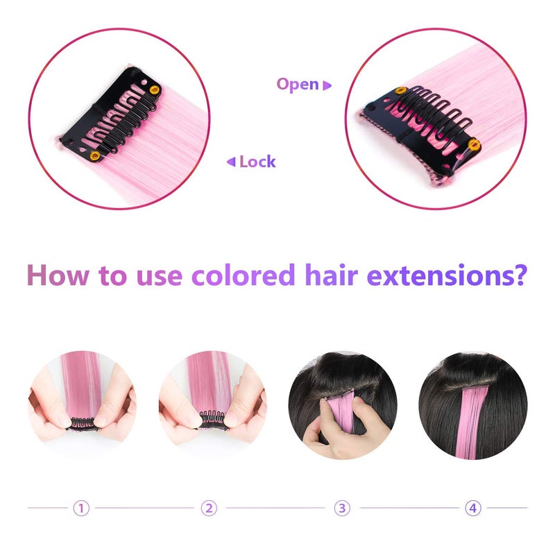 TOFAFA 22 Inch Colored Hair Extensions, Pink Color Long Straight Highlights Party Clip in Synthetic Colorful Hair Extensions for Girls Women Kids Favor Birthday Gift(10 PCS Light Pink) - Image 5