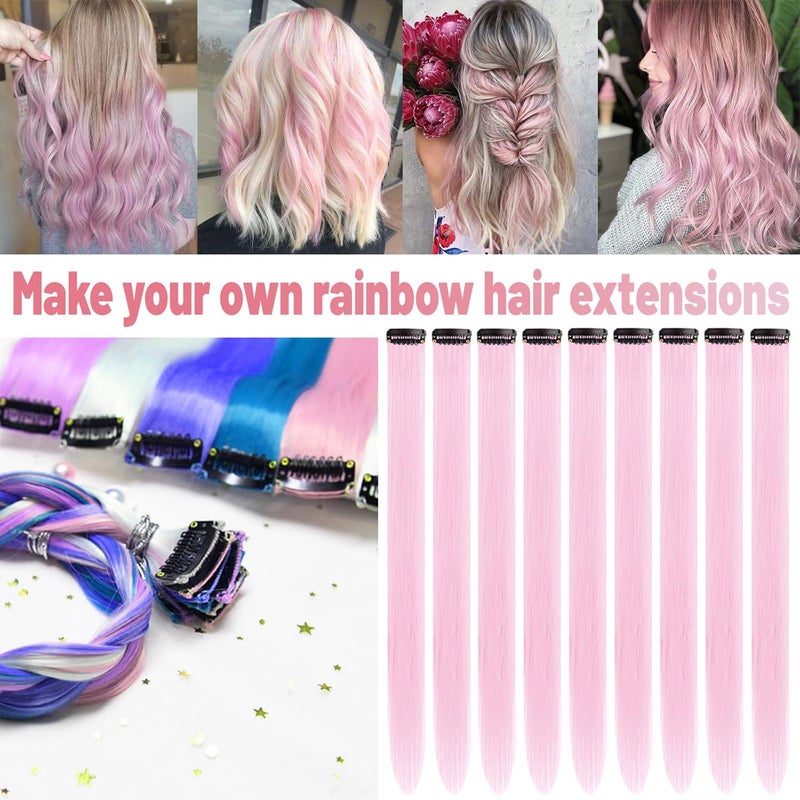 TOFAFA 22 Inch Colored Hair Extensions, Pink Color Long Straight Highlights Party Clip in Synthetic Colorful Hair Extensions for Girls Women Kids Favor Birthday Gift(10 PCS Light Pink) - Image 2