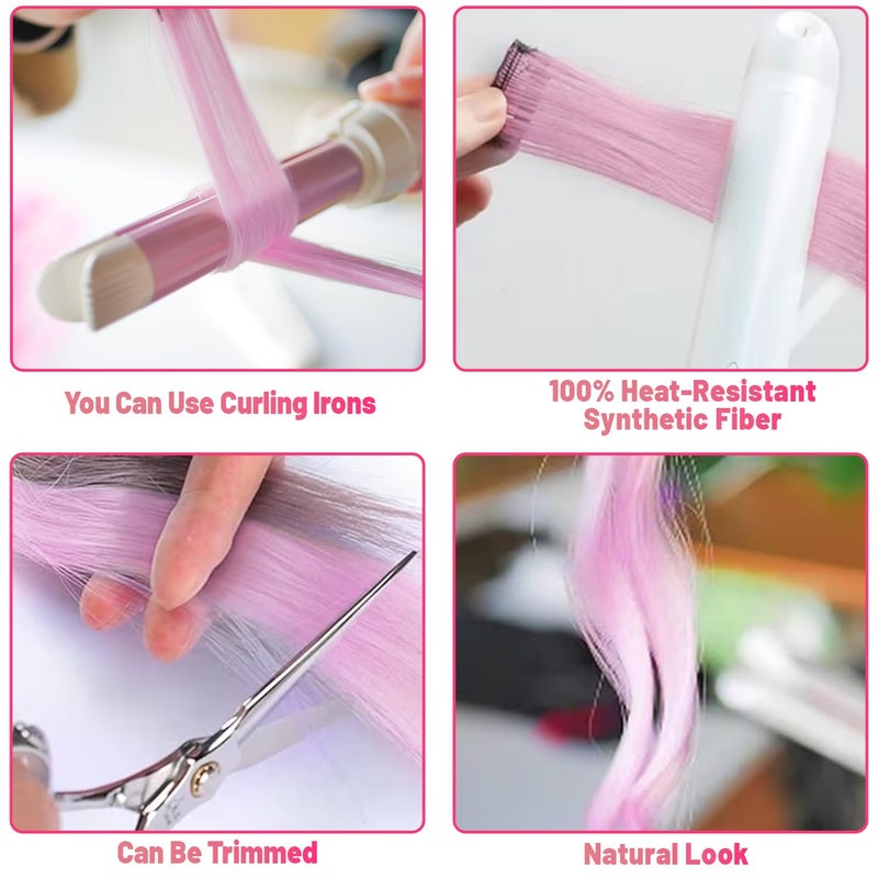 TOFAFA 22 Inch Colored Hair Extensions, Pink Color Long Straight Highlights Party Clip in Synthetic Colorful Hair Extensions for Girls Women Kids Favor Birthday Gift(10 PCS Light Pink) - Image 4