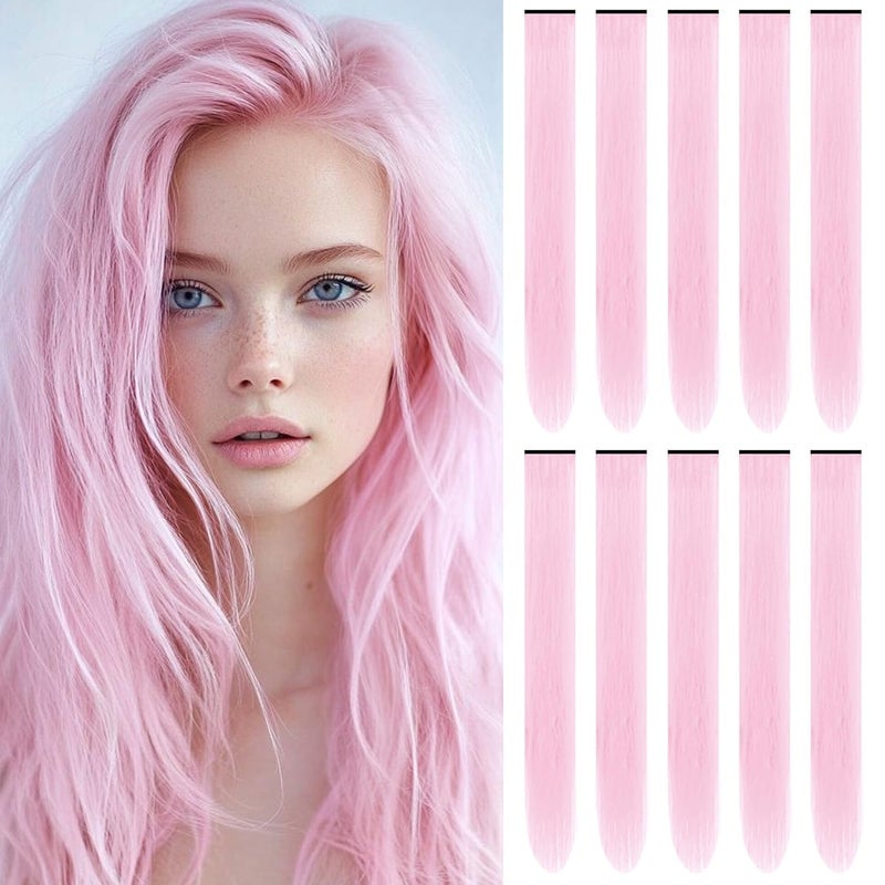 TOFAFA 22 Inch Colored Hair Extensions, Pink Color Long Straight Highlights Party Clip in Synthetic Colorful Hair Extensions for Girls Women Kids Favor Birthday Gift(10 PCS Light Pink) - Image 1