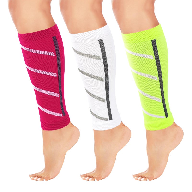 Junely 3 Pairs Calf Compression Sleeve for Men and Women Leg Compression Sleeve for Support Sports Running Cycling White Red Yellow - Image 1