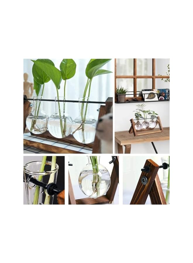 The Bros 3 Bulb Vase Propagation Station for Plants, Terrarium for Hydroponic Plants, Plant Terrarium with Wooden Stand Decorate Office, Dining Table, Interior - Image 3
