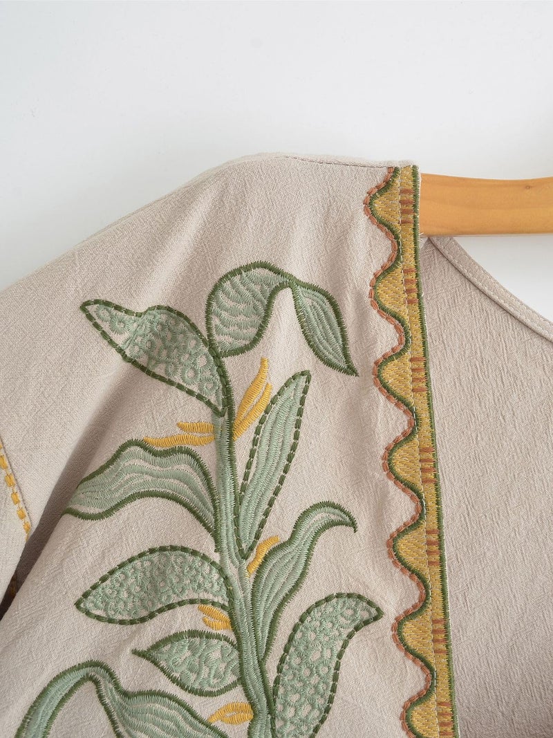 Joiemont Womens Oversized Floral Embroidered Long Dress with V-Neck and 3/4 Sleeves Vintage Embroidery Babydoll Dress(0652-Olive-M) - Image 5