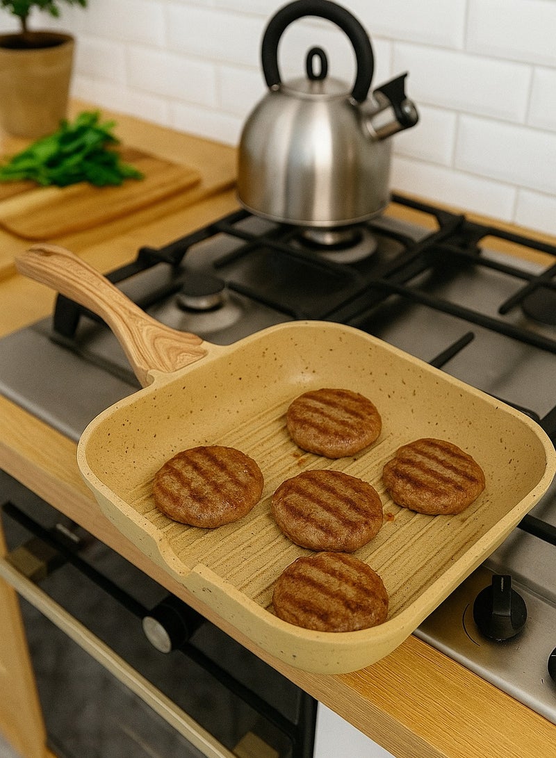 PROCILA Non-Stick Granite Grill Pan With Wooden Handle Beige 28cm - Image 2