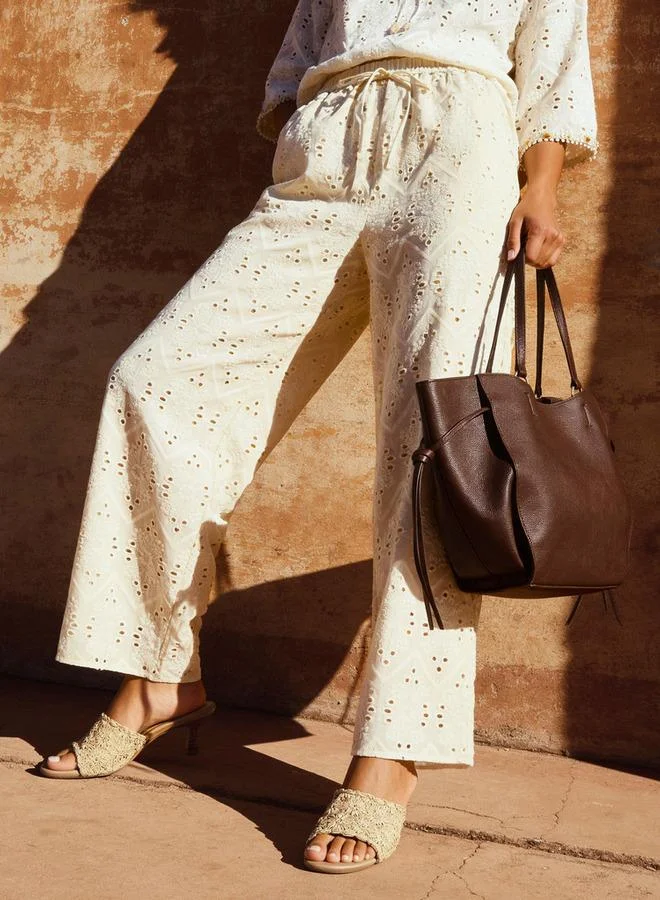 Iconic Iconic Elasticated Waist Embroidered Cotton Wide Leg Pants