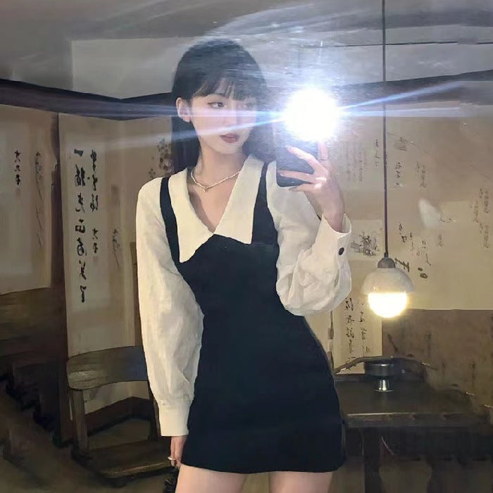 College hot girl style pure desire 2022 autumn new hip skirt black and white stitching fake two-piece shirt long sleeve dress 959 Black