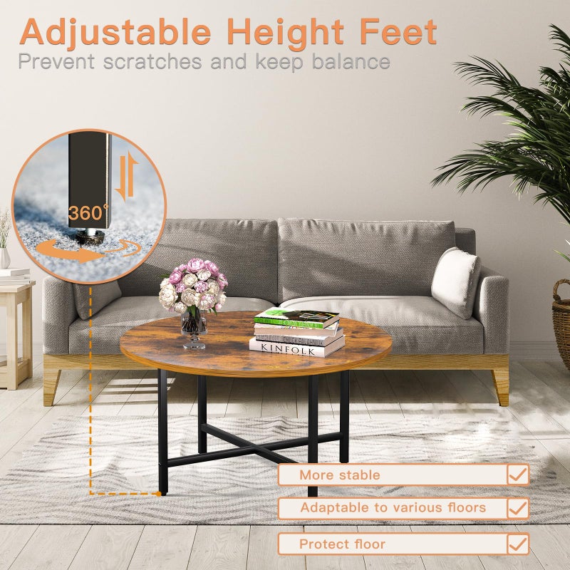 FAMIDGE Round Coffee Table, 23.6" Small Coffee Tables for Living Room, Circle Coffee Table with Metal Frame, Floor Table Desk for Sitting on The Floor, Home, Office, Rustic Brown - Image 5