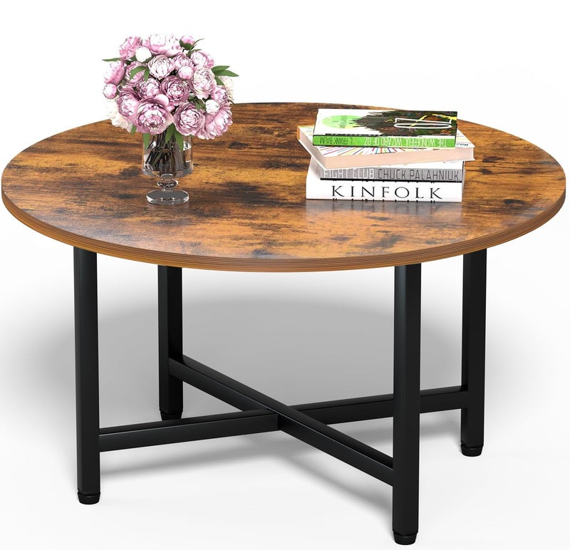 FAMIDGE Round Coffee Table, 23.6" Small Coffee Tables for Living Room, Circle Coffee Table with Metal Frame, Floor Table Desk for Sitting on The Floor, Home, Office, Rustic Brown - Image 1