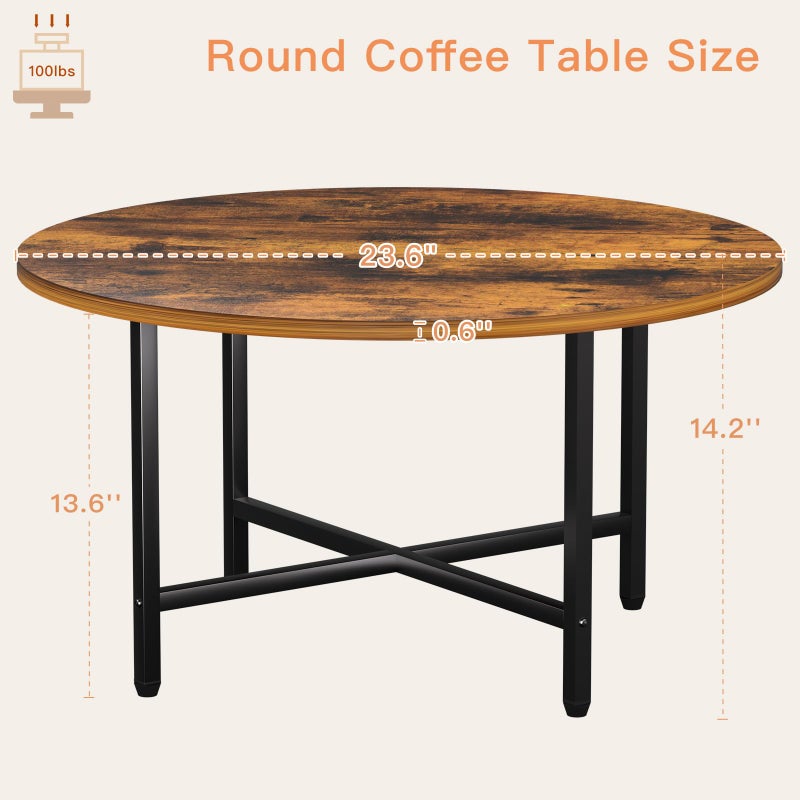 FAMIDGE Round Coffee Table, 23.6" Small Coffee Tables for Living Room, Circle Coffee Table with Metal Frame, Floor Table Desk for Sitting on The Floor, Home, Office, Rustic Brown - Image 3