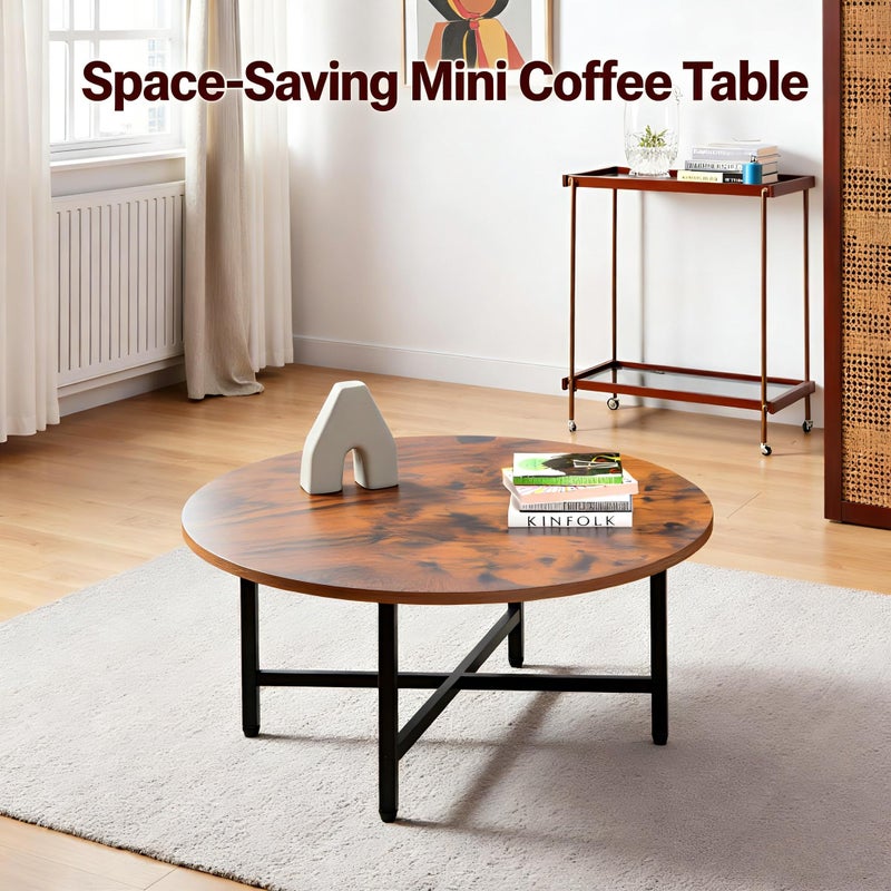 FAMIDGE Round Coffee Table, 23.6" Small Coffee Tables for Living Room, Circle Coffee Table with Metal Frame, Floor Table Desk for Sitting on The Floor, Home, Office, Rustic Brown - Image 2