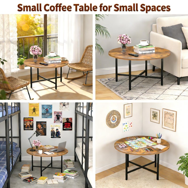 FAMIDGE Round Coffee Table, 23.6" Small Coffee Tables for Living Room, Circle Coffee Table with Metal Frame, Floor Table Desk for Sitting on The Floor, Home, Office, Rustic Brown - Image 4