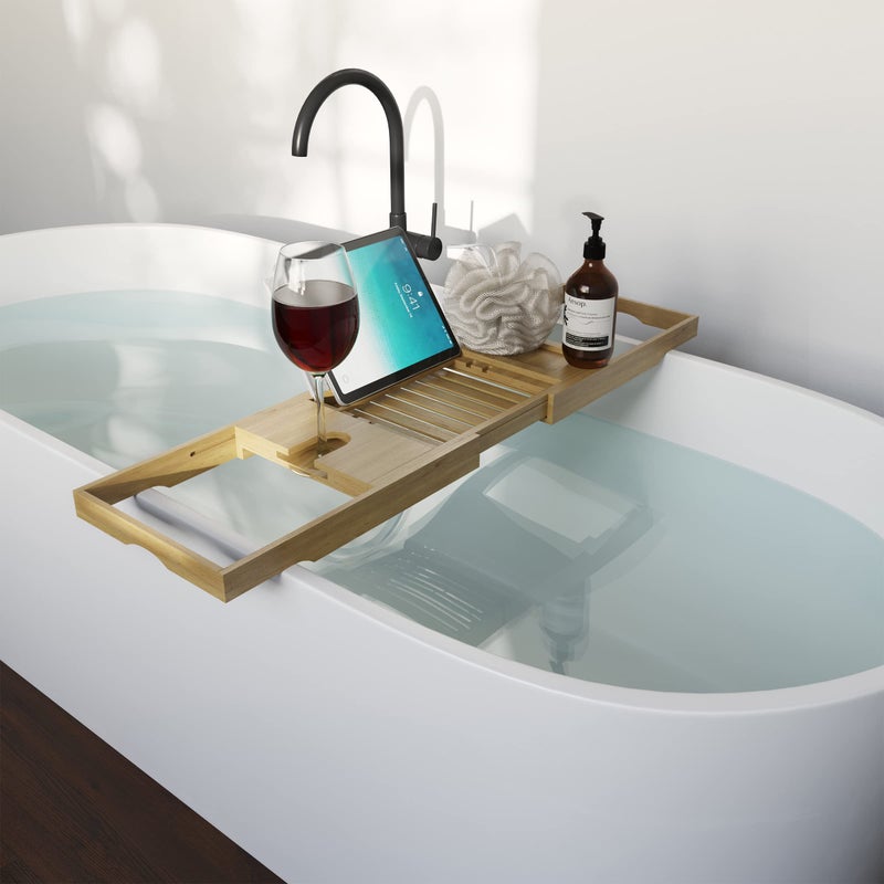 Home-Complete Bamboo Bathtub Tray - Wood Bath Caddy with Book, Phone, or Tablet Rest, Cup Holder, and Extended Sides for Bath Accessories by Home-Complete (Natural) - Image 5