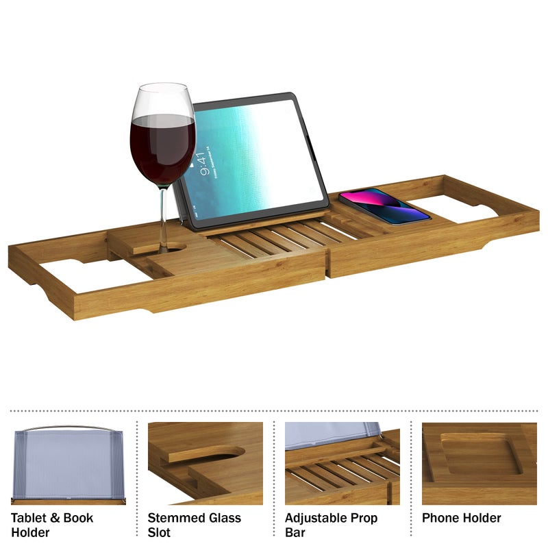 Home-Complete Bamboo Bathtub Tray - Wood Bath Caddy with Book, Phone, or Tablet Rest, Cup Holder, and Extended Sides for Bath Accessories by Home-Complete (Natural) - Image 3