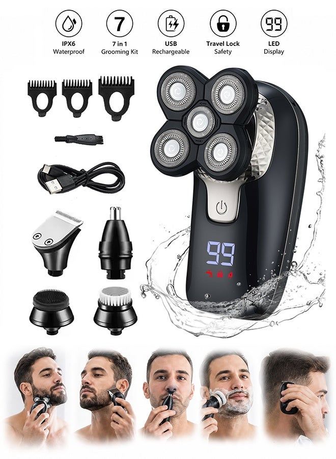 GD 7 in 1 Waterproof 5 Heads Electric Shaver with Trimmer Nose Hair & Facial Brush Heads for Men - Multifunctional Rotary Bald Head Shaver with LED Display - Rechargeable Waterproof Grooming Kit for Shaving, Hair Trimming, Nose Hair Cutting and Facial Cleansing for Home & Travel Use (Black) - Image 1