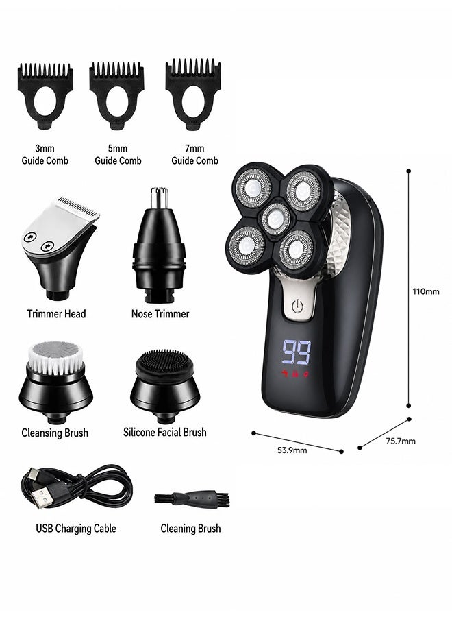 GD 7 in 1 Waterproof 5 Heads Electric Shaver with Trimmer Nose Hair & Facial Brush Heads for Men - Multifunctional Rotary Bald Head Shaver with LED Display - Rechargeable Waterproof Grooming Kit for Shaving, Hair Trimming, Nose Hair Cutting and Facial Cleansing for Home & Travel Use (Black) - Image 2