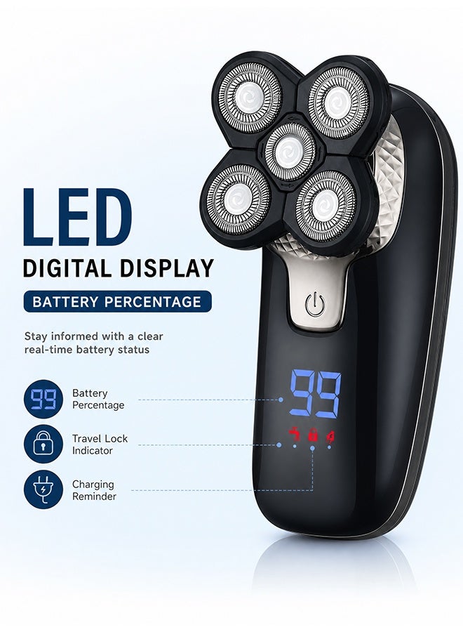 GD 7 in 1 Waterproof 5 Heads Electric Shaver with Trimmer Nose Hair & Facial Brush Heads for Men - Multifunctional Rotary Bald Head Shaver with LED Display - Rechargeable Waterproof Grooming Kit for Shaving, Hair Trimming, Nose Hair Cutting and Facial Cleansing for Home & Travel Use (Black) - Image 5