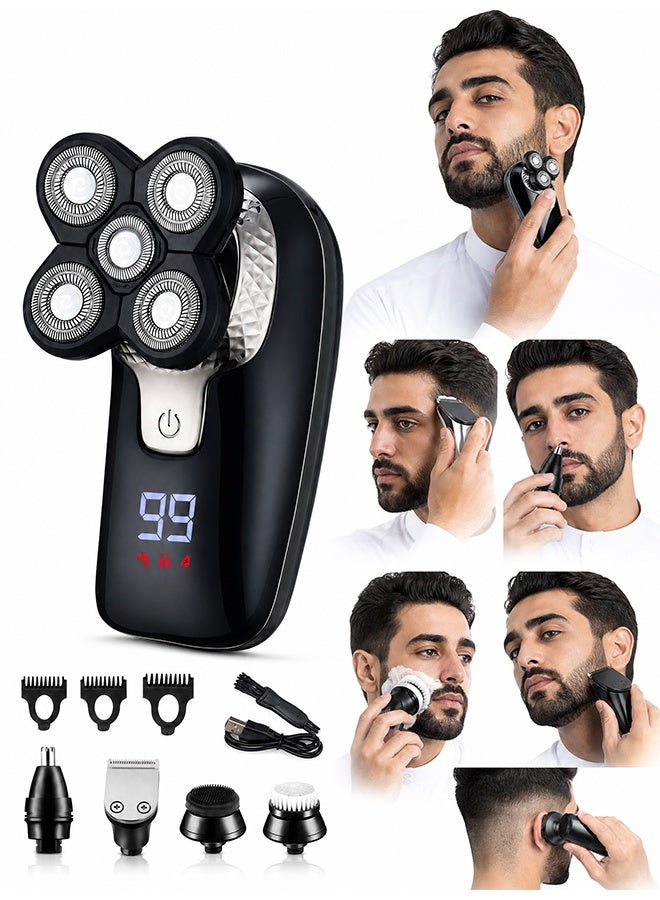 GD 7 in 1 Waterproof 5 Heads Electric Shaver with Trimmer Nose Hair & Facial Brush Heads for Men - Multifunctional Rotary Bald Head Shaver with LED Display - Rechargeable Waterproof Grooming Kit for Shaving, Hair Trimming, Nose Hair Cutting and Facial Cleansing for Home & Travel Use (Black) - Image 4