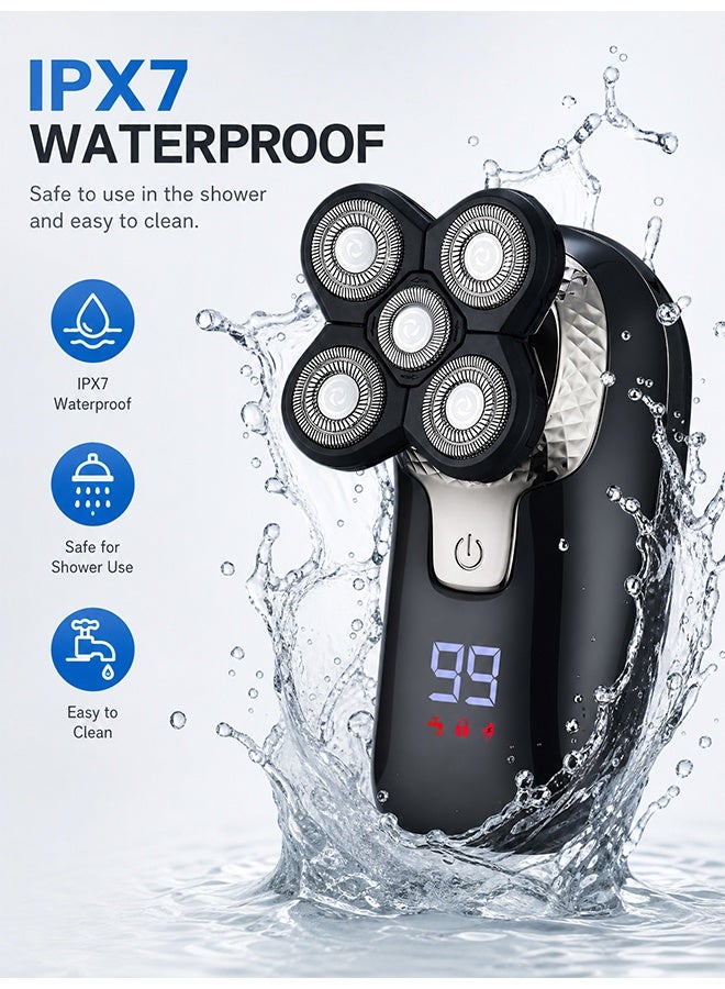 GD 7 in 1 Waterproof 5 Heads Electric Shaver with Trimmer Nose Hair & Facial Brush Heads for Men - Multifunctional Rotary Bald Head Shaver with LED Display - Rechargeable Waterproof Grooming Kit for Shaving, Hair Trimming, Nose Hair Cutting and Facial Cleansing for Home & Travel Use (Black) - Image 3