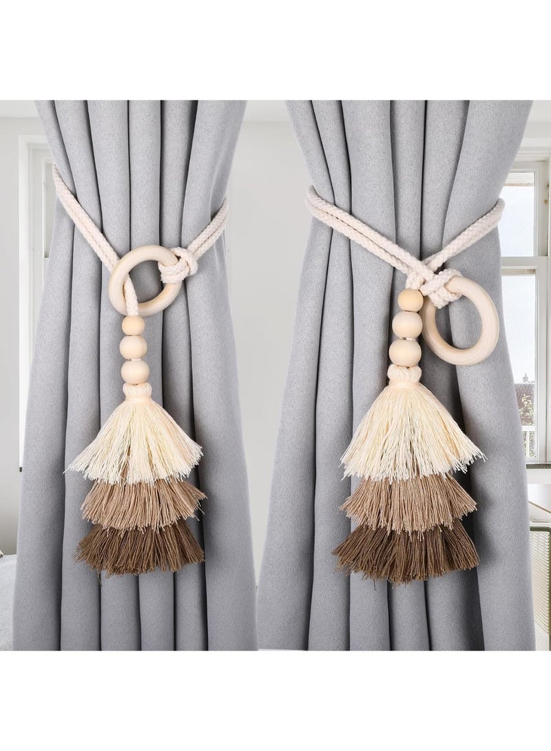 SYOSI Curtain Tiebacks, 2 Pcs Wooden Bead Tassel Holdbacks, Boho Decorative No Drill Drapery Holders for Bedroom Living Room Window Curtains, Easy Install - Image 2