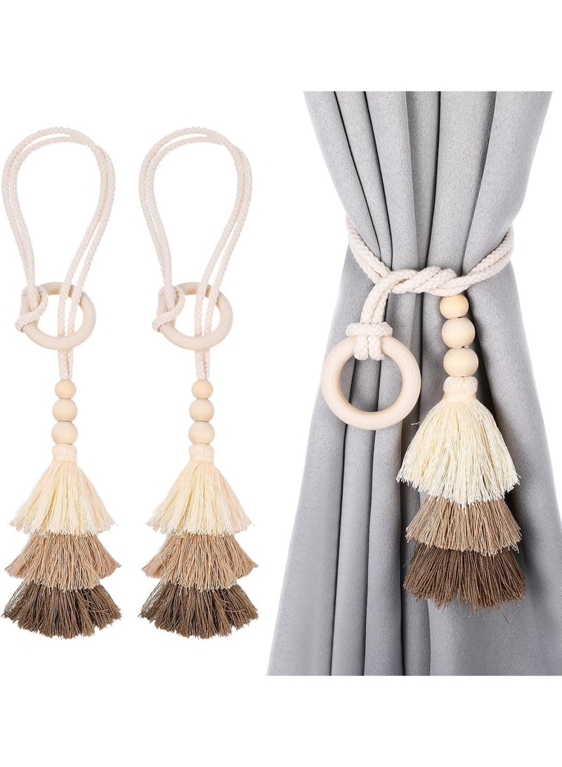 SYOSI Curtain Tiebacks, 2 Pcs Wooden Bead Tassel Holdbacks, Boho Decorative No Drill Drapery Holders for Bedroom Living Room Window Curtains, Easy Install - Image 1