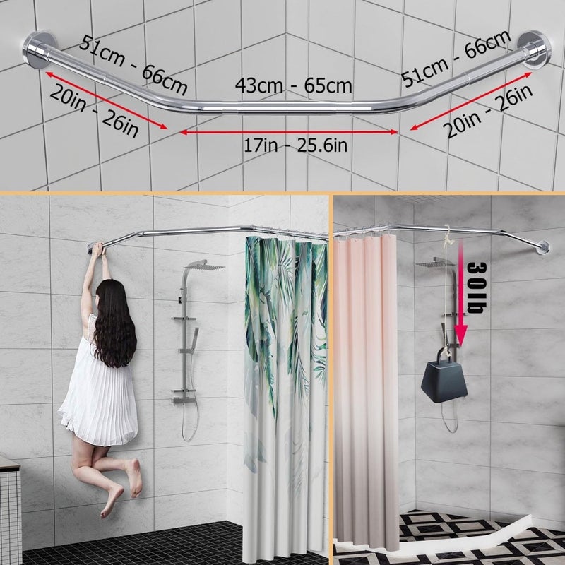 Stretchable 304 Stainless Steel Bathroom Bathtub Corner Shower Curtain Rod Rack, Silver, Adjustable Both Sides: 43-65 cm, Middle: 51-66 cm - Image 2