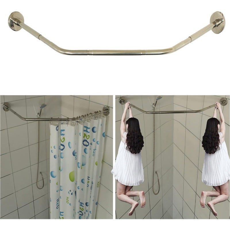 Stretchable 304 Stainless Steel Bathroom Bathtub Corner Shower Curtain Rod Rack, Silver, Adjustable Both Sides: 43-65 cm, Middle: 51-66 cm - Image 1