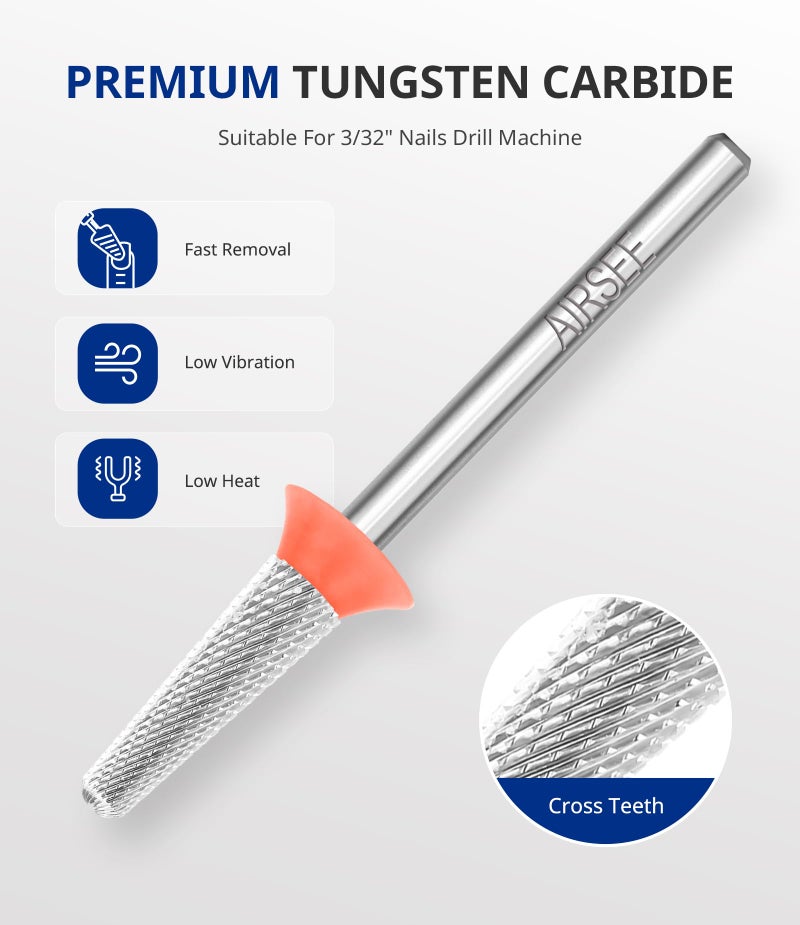 AIRSEE Tungsten Carbide Acrylic Nail Drill Bit Efile Electric File Machine Head Tip for Manicure Polishing Art Remove Gel 3/32" 2 Way Safety Use Ball Top Tapered Bit Cone Shape Fine-F - Image 2