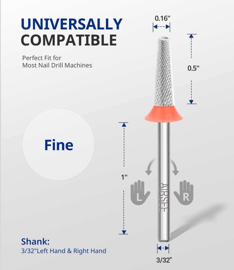 AIRSEE Tungsten Carbide Acrylic Nail Drill Bit Efile Electric File Machine Head Tip for Manicure Polishing Art Remove Gel 3/32" 2 Way Safety Use Ball Top Tapered Bit Cone Shape Fine-F - Image 5