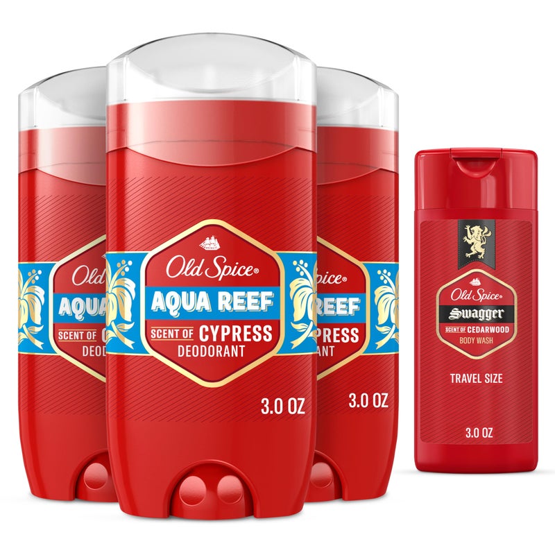 Old Spice Aluminum Free Deodorant for Men, 24/7 Odor Protection, 24/7 Freshness & Lasting Scent, Aqua Reef with Cypress Scent, 3.0 oz with Travel Size Swagger Body Wash (Pack of 4) - Image 1