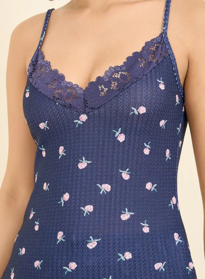 Styli Floral Print Waffle Texture Lace Trim Cami and Pyjama Set